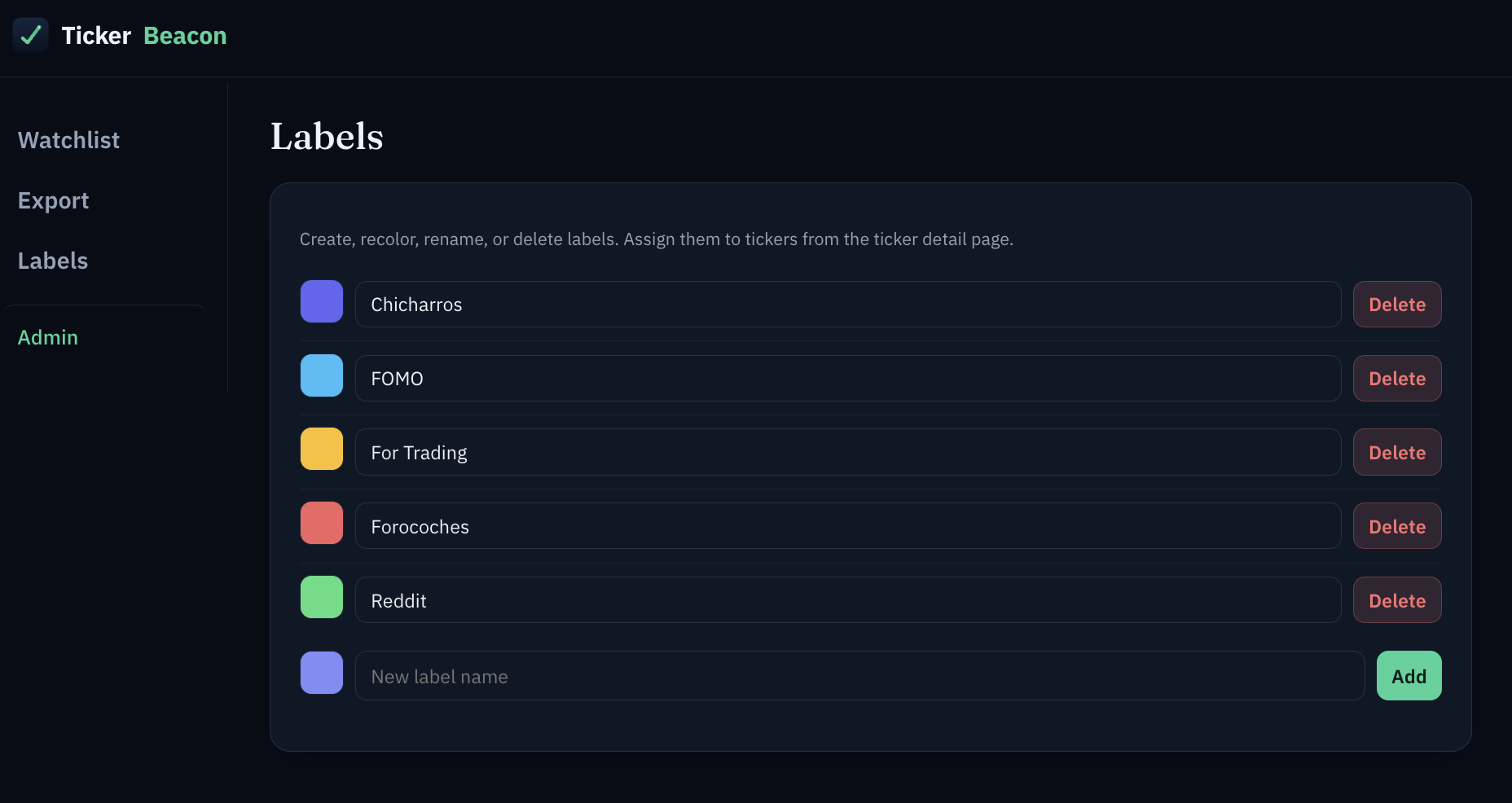 TickerBeacon labels admin page for creating, recoloring, renaming, and deleting categories