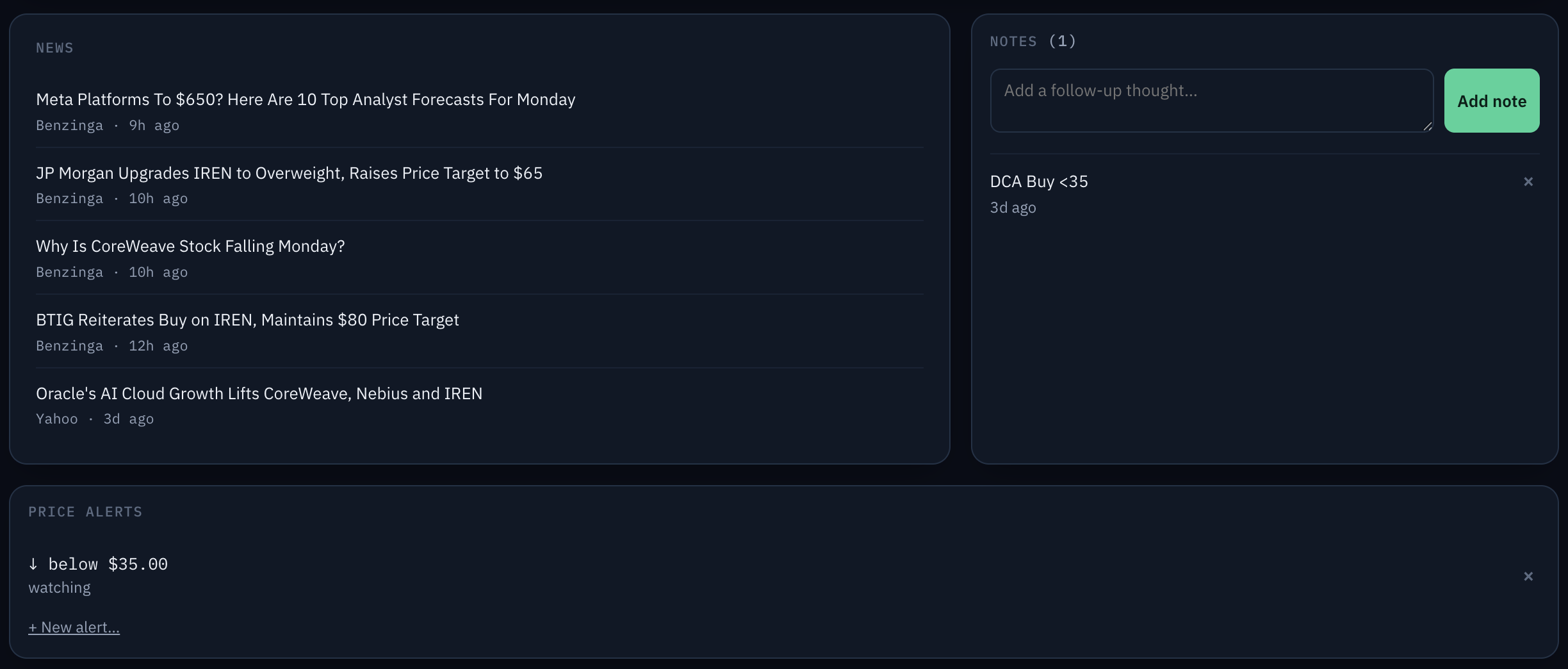 TickerBeacon news, notes, and price alerts panels for a saved ticker