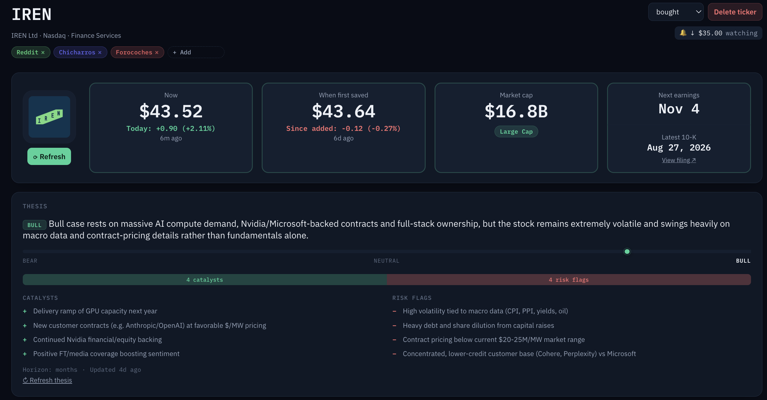 TickerBeacon ticker page showing the full record for a saved ticker: price, market cap, next earnings, and thesis